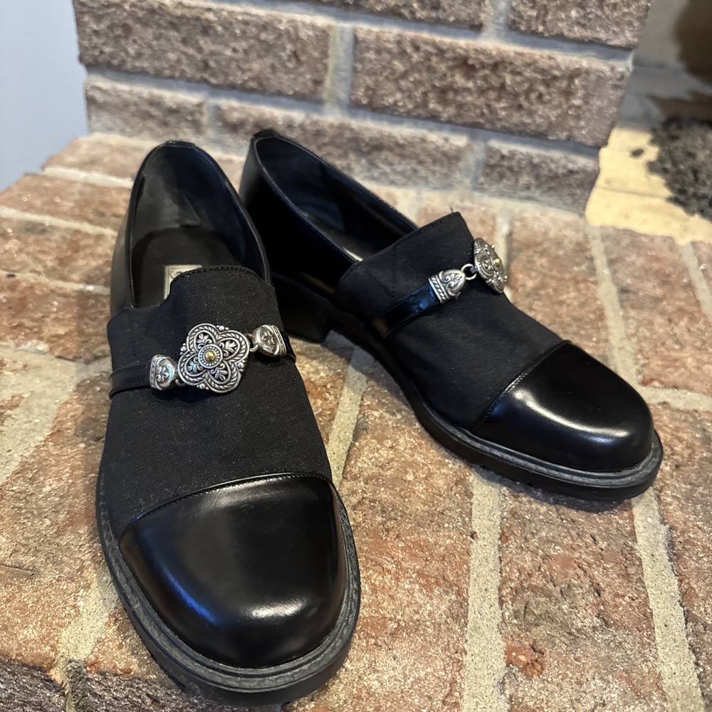 Brighton Women's Day Slip on Leather Fabric Dress Shoes Sz 6.5M Black #280